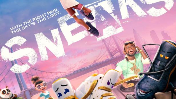 Ein animiertes Filmplakat für „Sneaks“ mit einem springenden Jungen und sprechenden Schuhen.