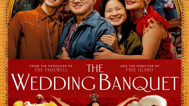 Das Filmplakat für „The Wedding Banquet“ zeigt eine Gruppe von Schauspielern und traditionelle chinesische Löwentänzer.
