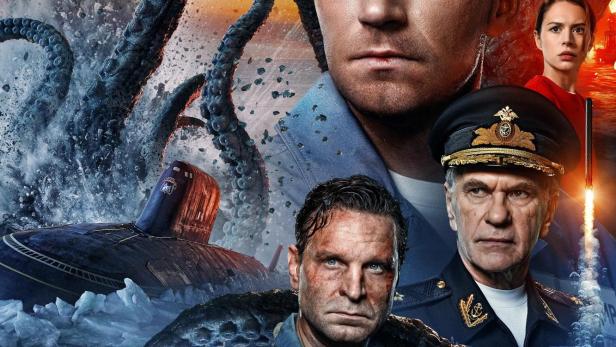 Das Filmplakat für „Kraken“ zeigt mehrere Schauspieler, ein U-Boot und riesige Tentakel.