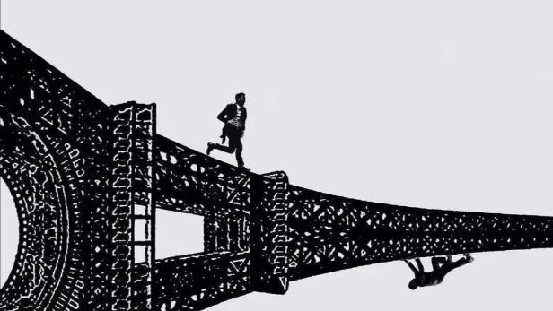 Ein Mann rennt auf einer Brücke in der Schwarzweiß-Darstellung des Filmplakats „The Hunting“.