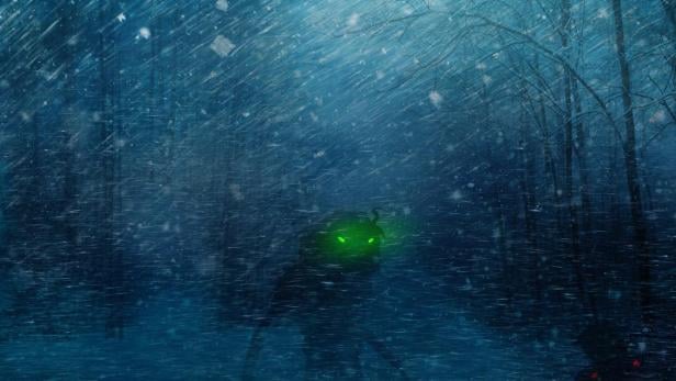 Ein verschneiter Wald mit dem Titel „The Creeps“ und einer unheimlichen Gestalt mit leuchtenden Augen.