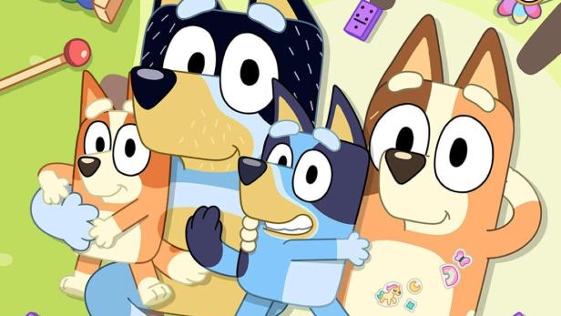 Eine Illustration von Bluey, Bingo, Bandit und Chilli von „Bluey’s Big Play“.