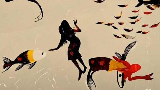 Das Filmplakat für „Mundurukuyü: A Floresta das Mulheres Peixe“ zeigt stilisierte Fischwesen und eine Frau.