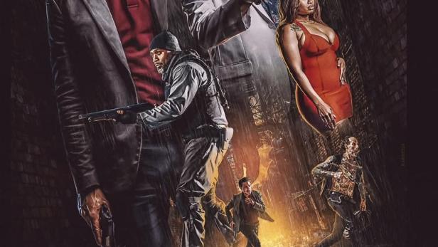 Das Filmplakat für „Dirty“ zeigt mehrere bewaffnete Personen in einer dunklen, regnerischen Stadt.