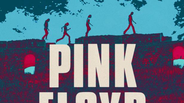 Das Filmplakat für „Pink Floyd: At Pompeii“ zeigt die Band auf einer alten Mauer.