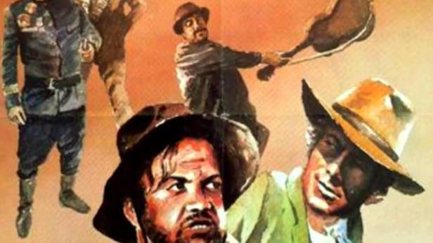 Das Filmplakat für „Whisky, Plattfüße und harte Fäuste“ zeigt mehrere bewaffnete Männer.