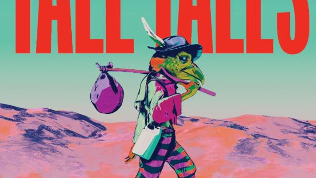 Ein Wesen mit Vogelkopf, Hut und Wanderkleidung wandert durch eine surreale Landschaft.