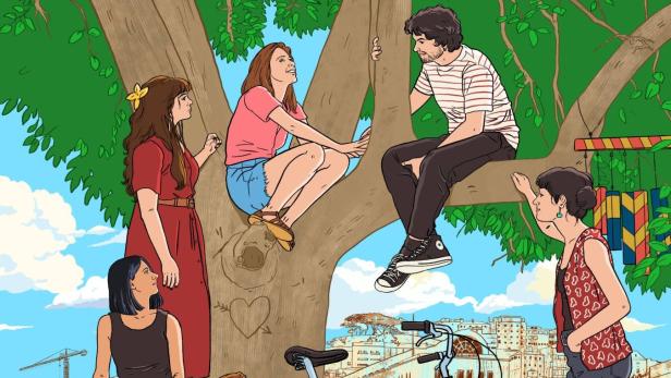 Das Filmplakat für „A Vida Luminosa“ zeigt eine Gruppe junger Menschen vor einer Stadtkulisse.