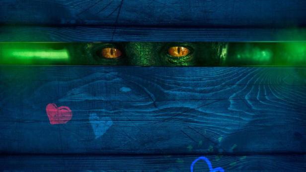 Das Filmplakat für „Sasyq“ zeigt einen Blick durch Holzbretter auf Augen und den Titel.