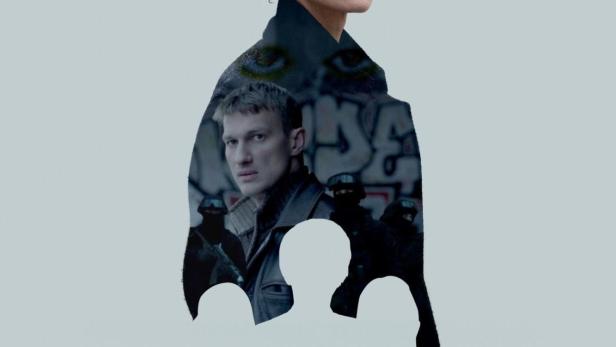 Das Filmplakat für „Схованки“ zeigt eine Frau und einen Mann vor einer industriellen Kulisse.