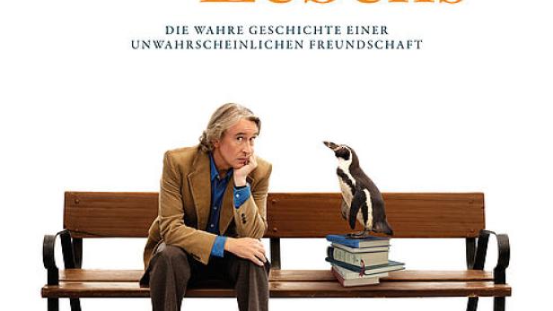 Das Filmplakat für „Der Pinguin meines Lebens“ zeigt Steve Coogan mit einem Pinguin auf einer Bank.