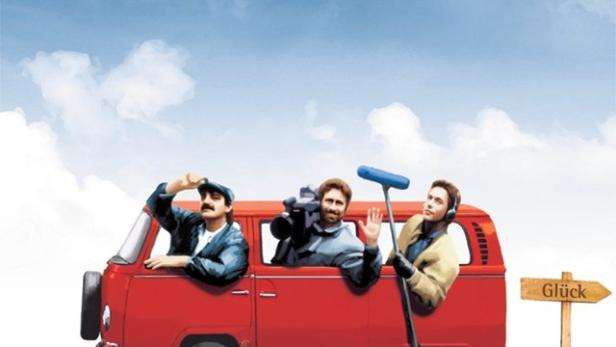 Das Filmplakat zu „Gernstls Reisen – Auf der Suche nach dem Glück“ zeigt drei Männer in einem roten VW-Bus.