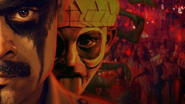 Ein Mann mit Gesichtsbemalung und Polizeiuniform, überlagert von einer maskierten Figur und einer Menschenmenge.