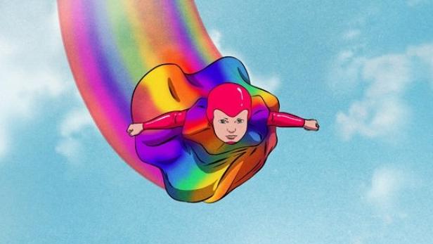Ein Superheld mit Regenbogenumhang fliegt durch den Himmel.