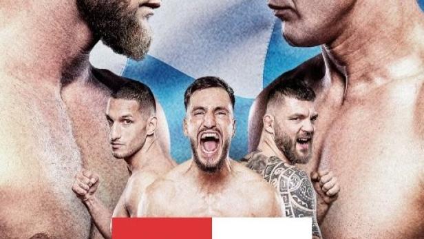 Ein Werbeplakat für einen Mixed-Martial-Arts-Kampf mit vier Kämpfern vor einer schottischen Flagge.