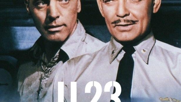 Das Filmplakat für „U 23 – Haie im Pazifik“ zeigt zwei Männer vor einem U-Boot.