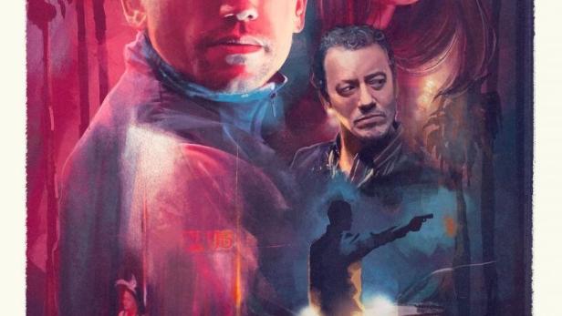 Das Filmplakat für „Hamburgo“ zeigt die Gesichter der Hauptdarsteller und eine Person mit einer Waffe.
