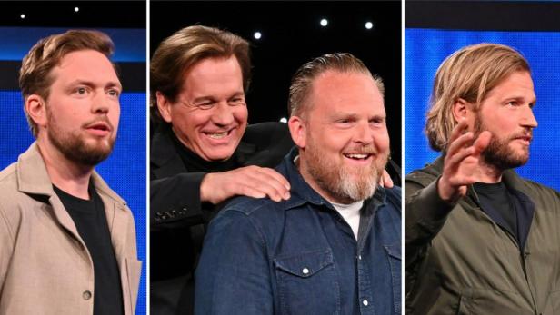 Drei Männer posieren für ein Foto bei der „Gefragt – Gejagt“-Sondersendung 2025.