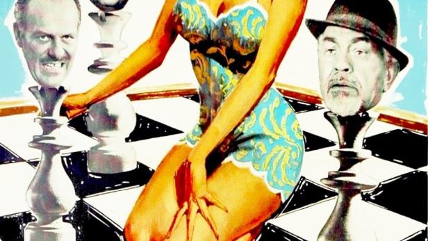 Das Filmplakat für „6 Simpatiche Carogne“ zeigt eine Frau und die Köpfe von Edward G. Robinson, Adolfo Celi und Terry Thomas auf Schachfiguren.