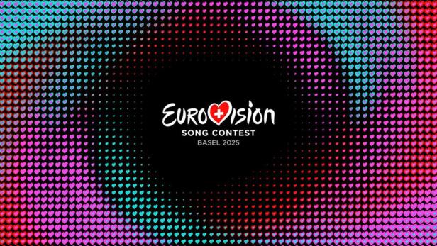 Logo des Eurovision Song Contest Basel 2025 vor einem Hintergrund aus Herzen.
