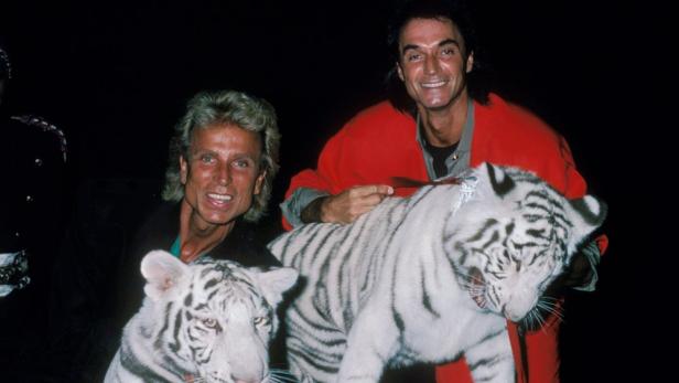Siegfried und Roy posieren mit zwei weißen Tigern.