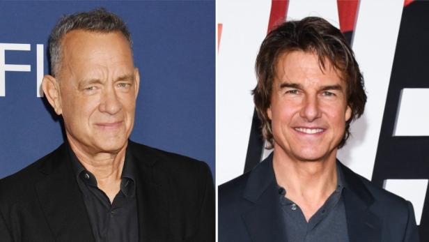 Ein Doppelporträt von Tom Hanks und Tom Cruise auf zwei verschiedenen Veranstaltungen.