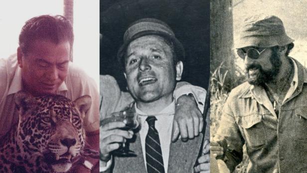 Drei Porträts von Männern, darunter eines mit einem Jaguar.