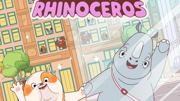 Ein animiertes Bild mit einem Hund und einem Nashorn vor dem Hintergrund einer Stadt, mit dem Titel „Lulu is a Rhinoceros“.