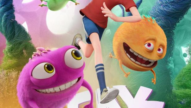 Ein animierter Junge rennt mit einem grünen Insekt und zwei bunten Monstern.