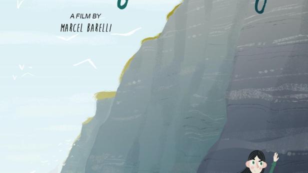 Das animierte Filmposter zeigt Mary Anning an der Küste mit einem Hund.