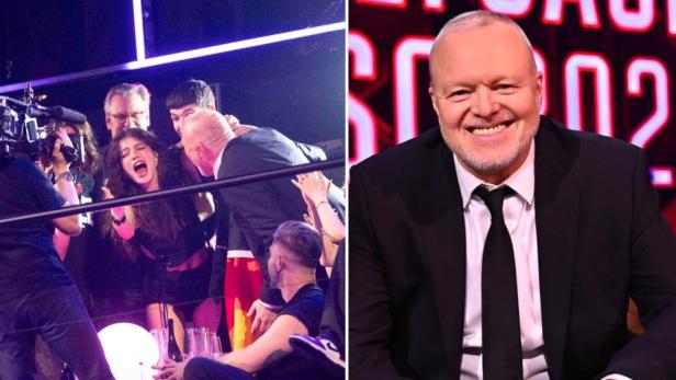 Eine aufgeregte Frau umringt von Menschen; daneben ein Mann im Anzug vor einer roten Wand.