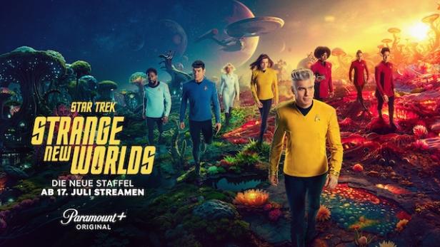Das Ensemble von „Star Trek: Strange New Worlds“ auf einem fremden Planeten.