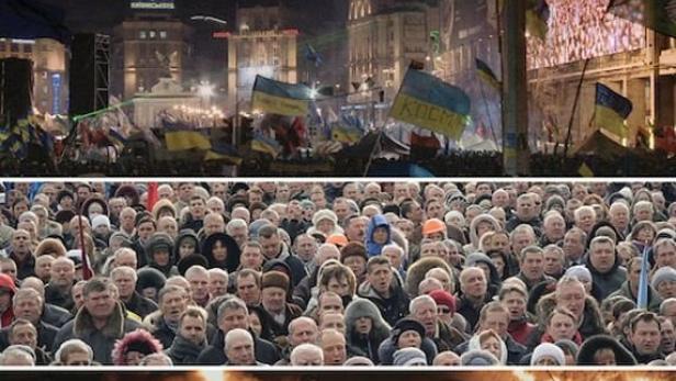 Das Filmplakat für „Maidan“ zeigt eine Menschenmenge und brennende Barrikaden.
