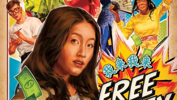 Das Filmplakat für „Free Money“ zeigt eine junge Frau und vier als Tanten verkleidete Personen.