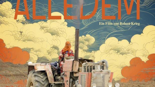 Eine Frau mit Kopftuch fährt einen Traktor auf einem Feld. Plakat für den Film „Trotz Alledem“.