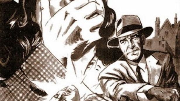 Das Filmplakat für „Passport to Treason“ zeigt eine bedrohte Frau und einen Mann mit Hut.