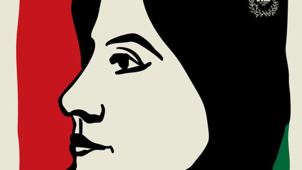 Das Filmplakat für „Die letzte Botschafterin“ zeigt ein stilisiertes Porträt einer Frau in Schwarz, Rot und Grün.