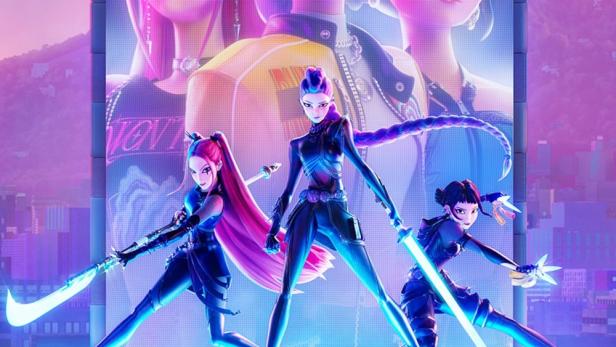 Das Filmplakat für „K-Pop Demon Hunters“ zeigt animierte K-Pop-Sängerinnen als Dämonenjägerinnen.