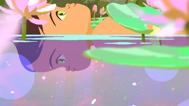 Ein animiertes Bild mit einer Person, die im Wasser liegt, und spielenden Kindern im Hintergrund.