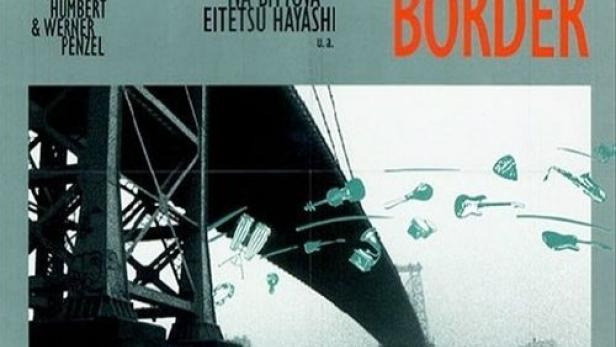 Das Filmplakat für „Step Across the Border“ zeigt eine Brücke und musikalische Elemente.