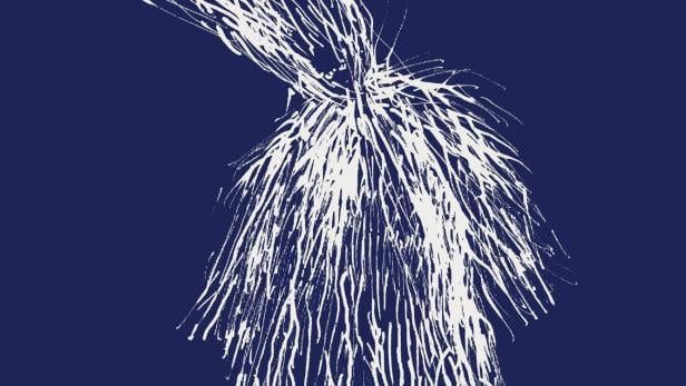 Das Filmplakat zu „Die Amsel auf dem Ast“ zeigt eine abstrakte, weiße Zeichnung auf blauem Grund.