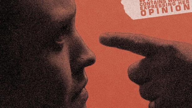 Das Filmplakat für „Flieg Steil“ zeigt ein Gesicht und einen warnenden Finger vor rotem Hintergrund.