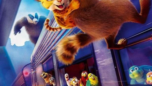 Das Filmplakat für „Falcon Express“ zeigt einen Waschbären und eine Katze, die an einem Zug hängen.