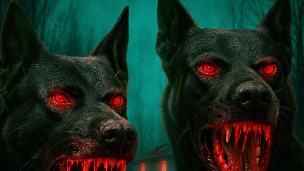Das Filmplakat für „The Dogs“ zeigt zwei bösartige Hunde mit roten Augen und blutverschmierten Zähnen.