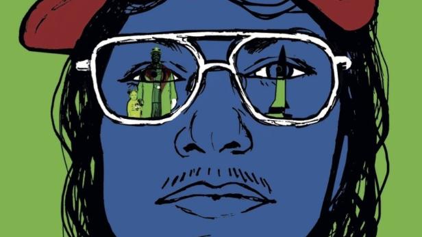 Das Filmplakat zu „Bernd: Operation Germanenkind“ zeigt eine stilisierte, blau gefärbte Person mit Brille und Kappe.