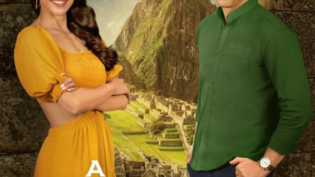 Das Filmplakat für „A Machu Picchu Proposal“ mit zwei Hauptdarstellern vor Machu Picchu.