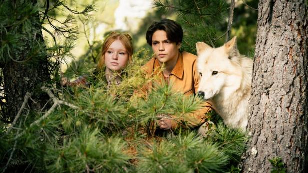 Ein rothaariges Mädchen, ein Junge und ein weißer Wolf verstecken sich zwischen Bäumen.