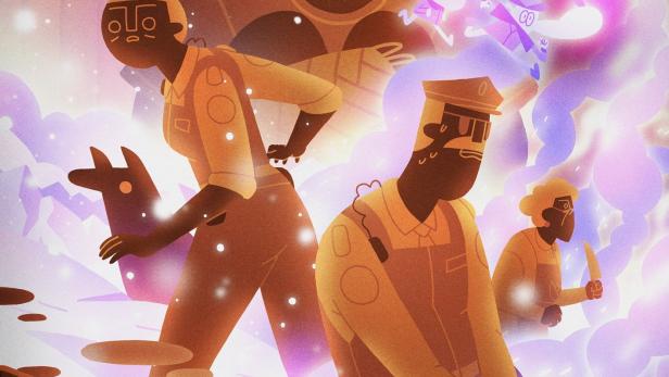 Ein illustratives Poster mit stilisierten Figuren und dem Titel „TV OR THE DISTURBANCE ON FOREST HILL ROAD“.