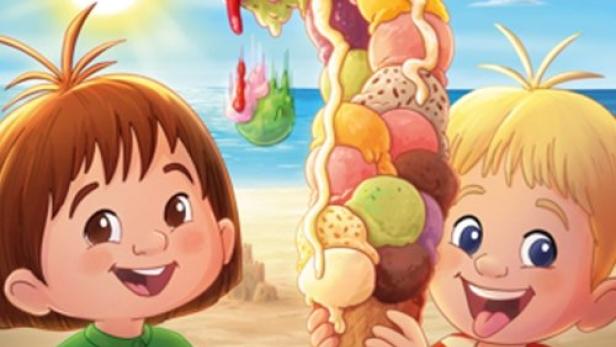 Das Filmplakat für „Lotte & Totte – Mein erster Freund“ zeigt zwei Kinder und eine riesige Eistüte am Strand.