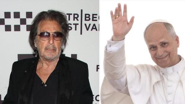 Ein zusammengesetztes Bild von Al Pacino und einem Schauspieler als Papst Leo XIV..